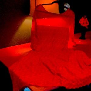 Red lace, fitted bodice, full skirt, size 16 dress